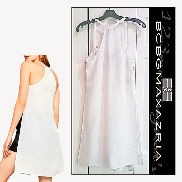 BCBGMAXAZRIA NEW OPTIC WHITE Metallic Embroidered Lace Racerback Tunic XS - Picture 8 of 11